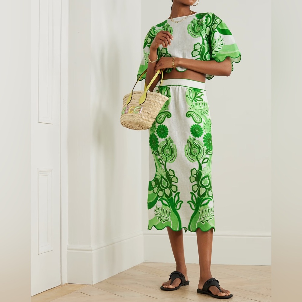 FARM RIO Scalloped printed linen midi skirt